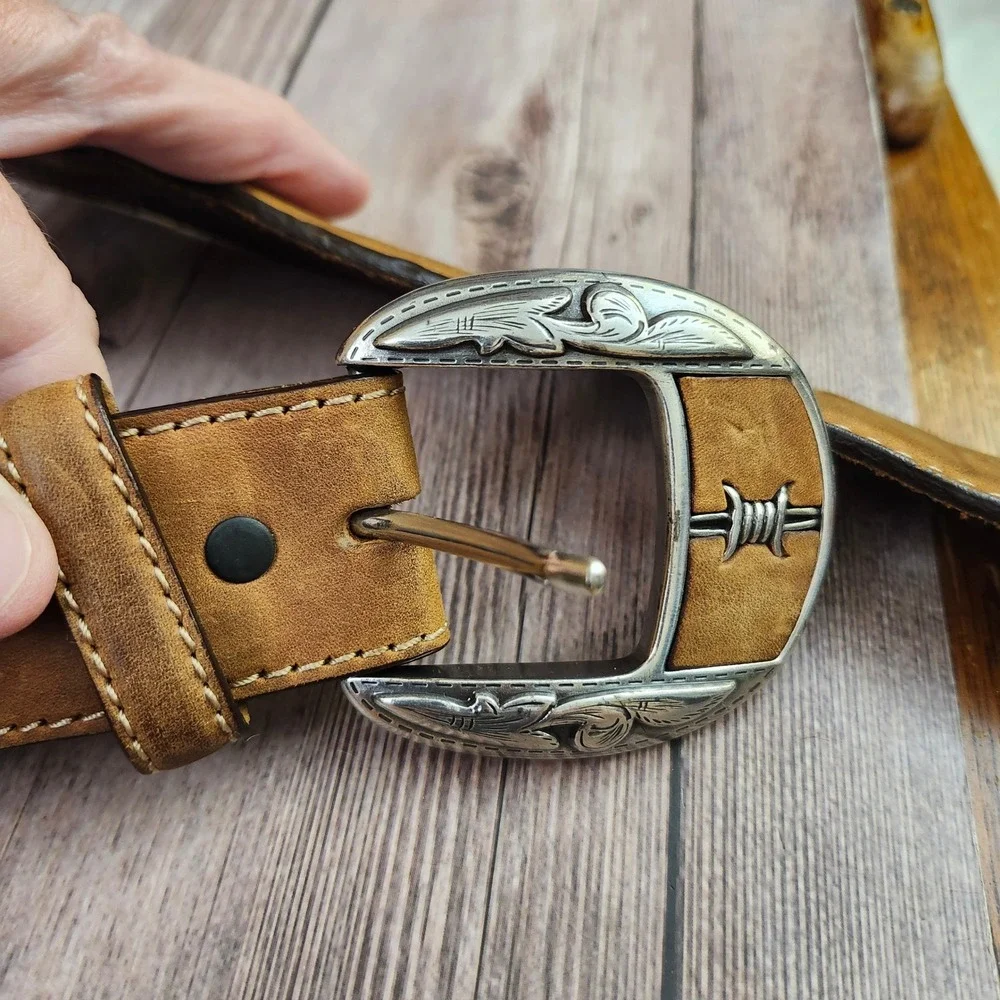 Justin Fenced In Mens 34 Leather Barbed Wire Western Belt C10817 Silver Buckle